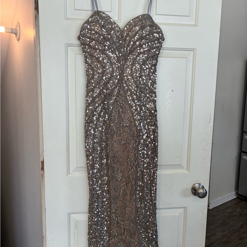 Scala Sequined Silver and Nude Prom Dress